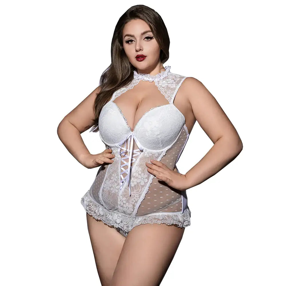 PLUS SIZE Teddy - 2 Pcs White Sexy Bustier Lingerie with Lace Trim Corset Top and Matching Thongs - Frisky Business Adult Sex Toys Shop