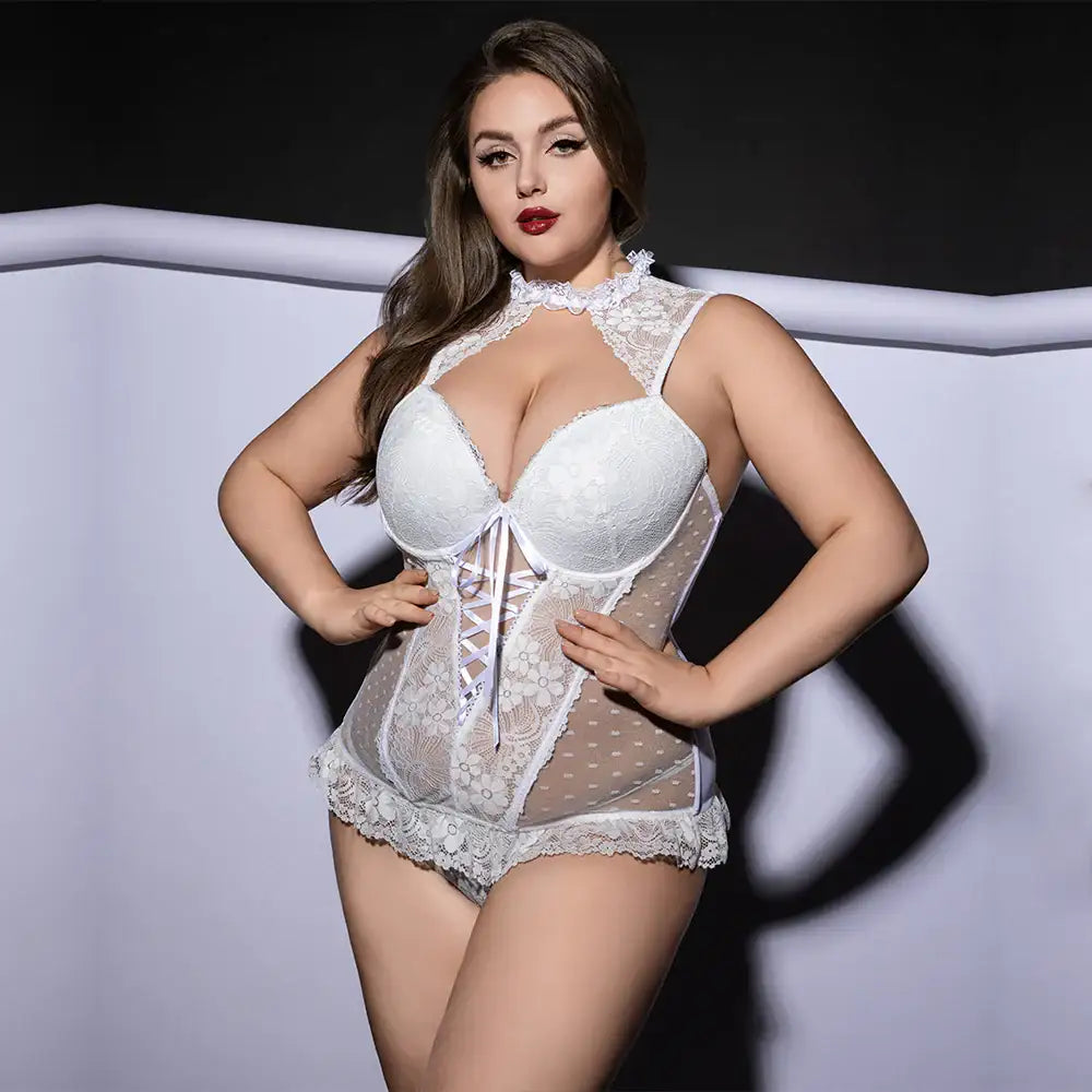PLUS SIZE Teddy - 2 Pcs White Sexy Bustier Lingerie with Lace Trim Corset Top and Matching Thongs - Frisky Business Adult Sex Toys Shop