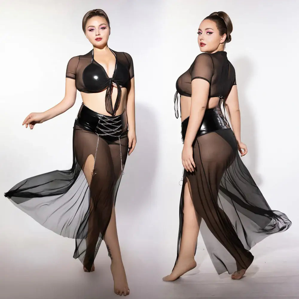 PLUS SIZE Babydoll - 3 Pcs Black See-Through Lingerie with Tie Front Top and High Waist Chain Slit Skirt - Frisky Business Adult Sex Toys Shop
