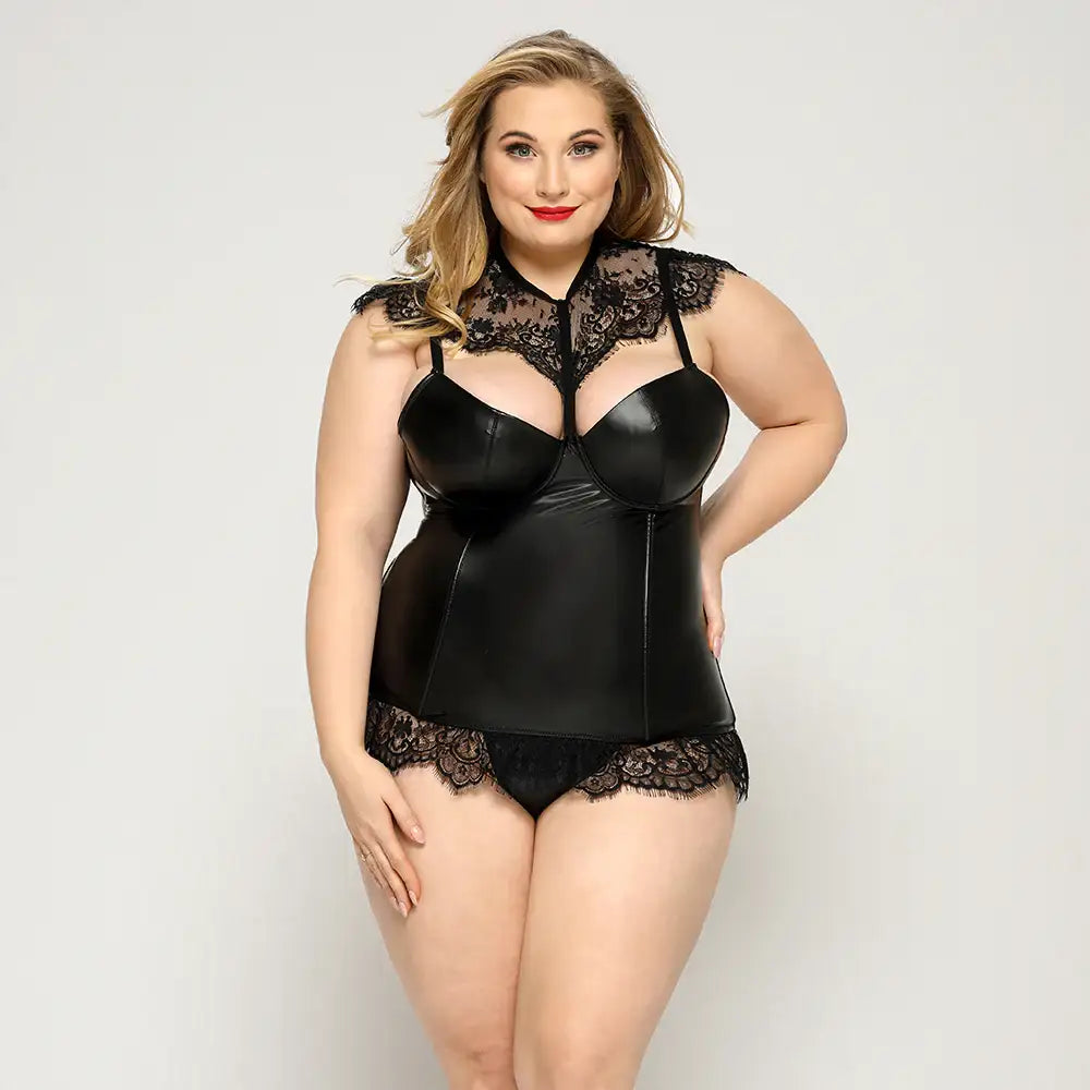 PLUS SIZE Bodysuit - 2 Pcs Black Leather-Look Corset with Floral Lace Trim and Hook Back Closure - Frisky Business Adult Sex Toys Shop
