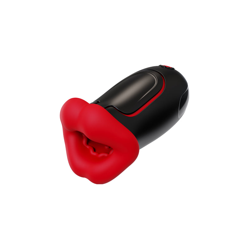 Rouge Allure: black and red lip-shaped stroker with soft red silicone lips, on a white background