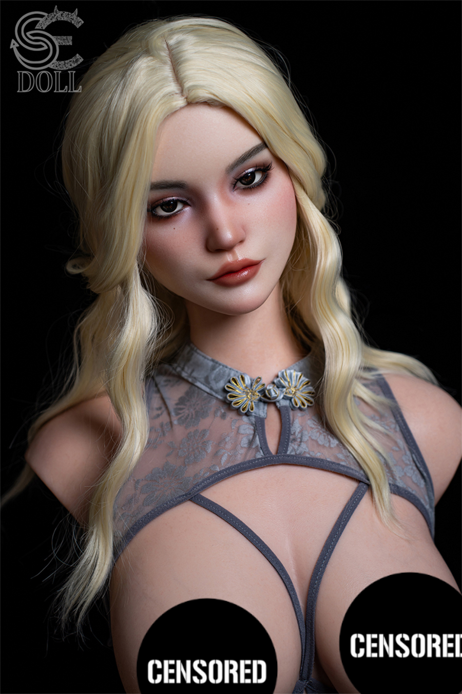 An angled close-up of the SEDOLL T114cm F-cup torso, showcasing the detailed facial sculpt and the upper portion of the grey lace lingerie.