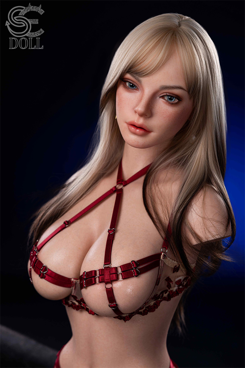 A close-up, slightly angled view of the SEDOLL T107 cm H-cup torso, highlighting the detailed facial sculpt and realistic skin texture of the Scarlett Reed model.