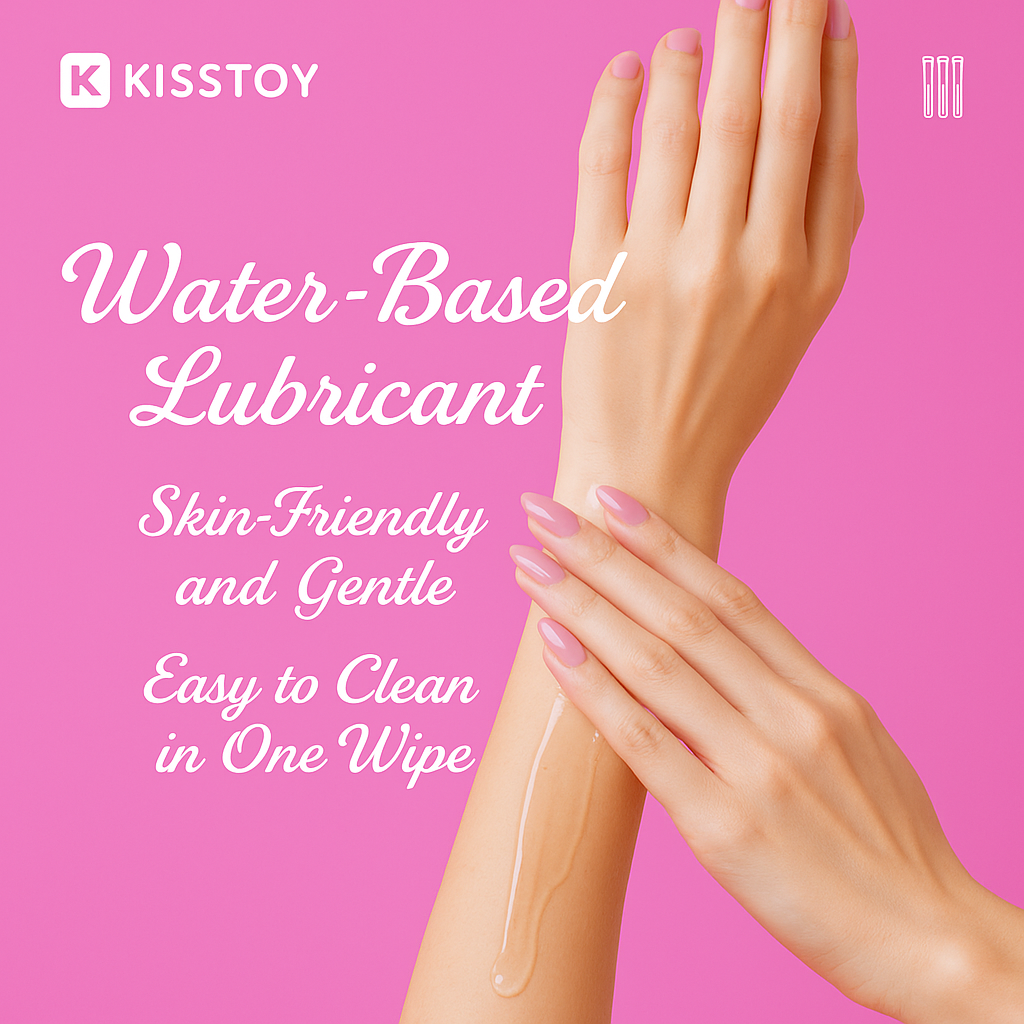 Water-Based Lubricant graphic with two hands on pink, noting skin-friendly, gentle and easy to clean