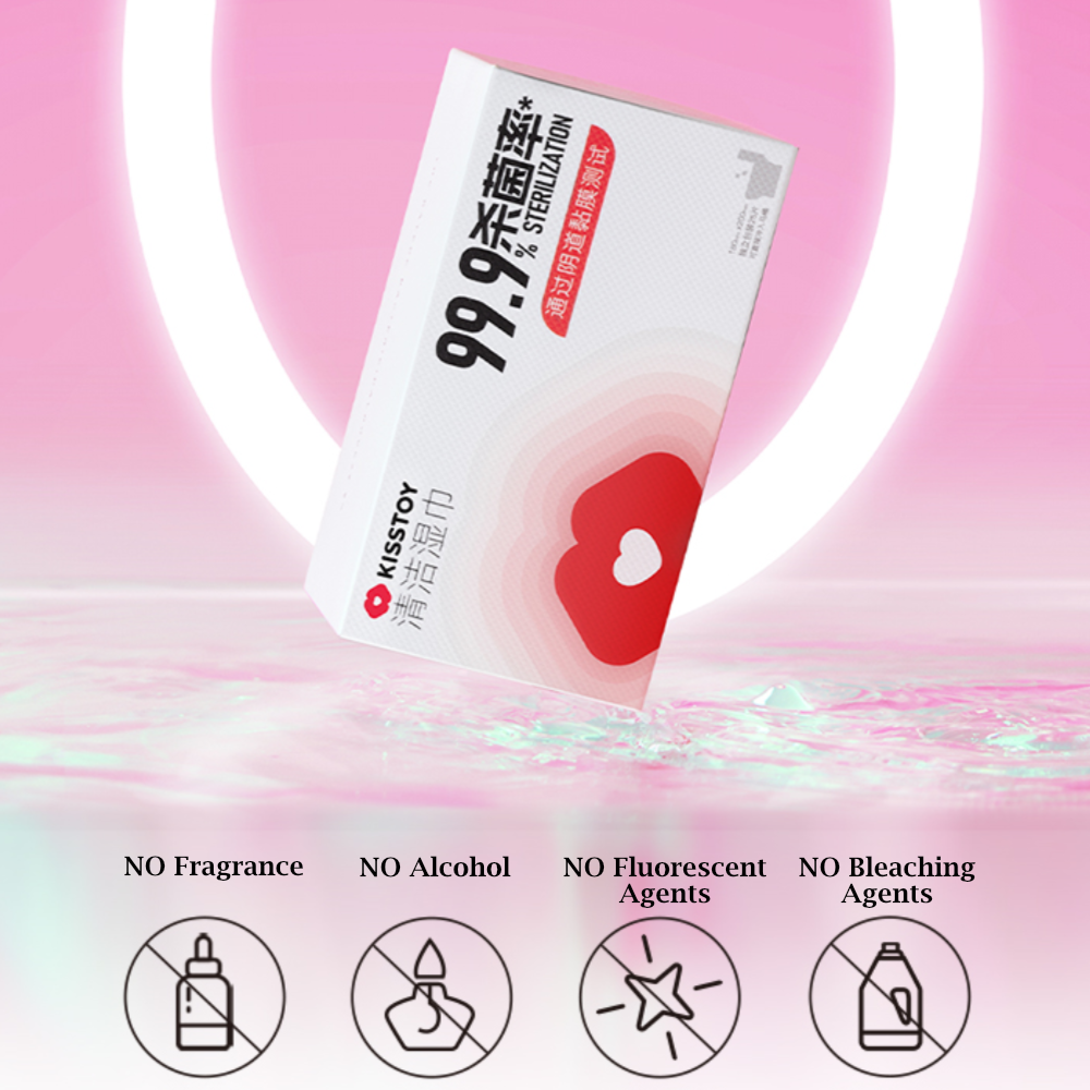 Kisstoy companion kit box inside a glowing pink ring with four small feature icons below