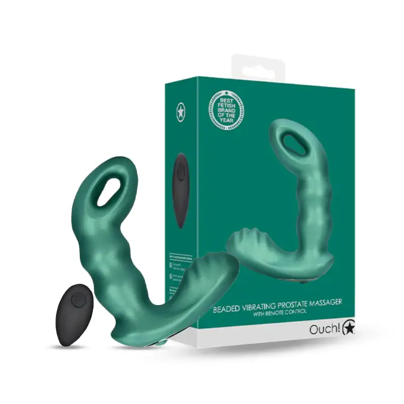 SHOTS Ouch! Beaded Vibrating Prostate Massager with Remote Control metallic green ergonomic design adult toy Singapore