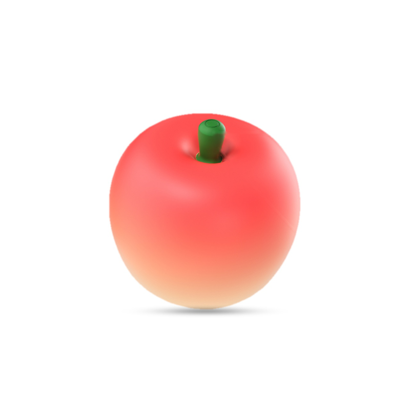 Glossy red-pink apple-shaped massager with a small green stem, photographed on a white background