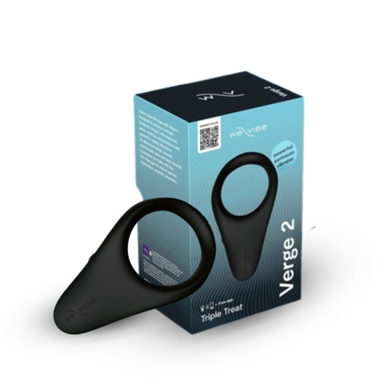 Black vibrating penis ring displayed with Verge 2 retail box on white background