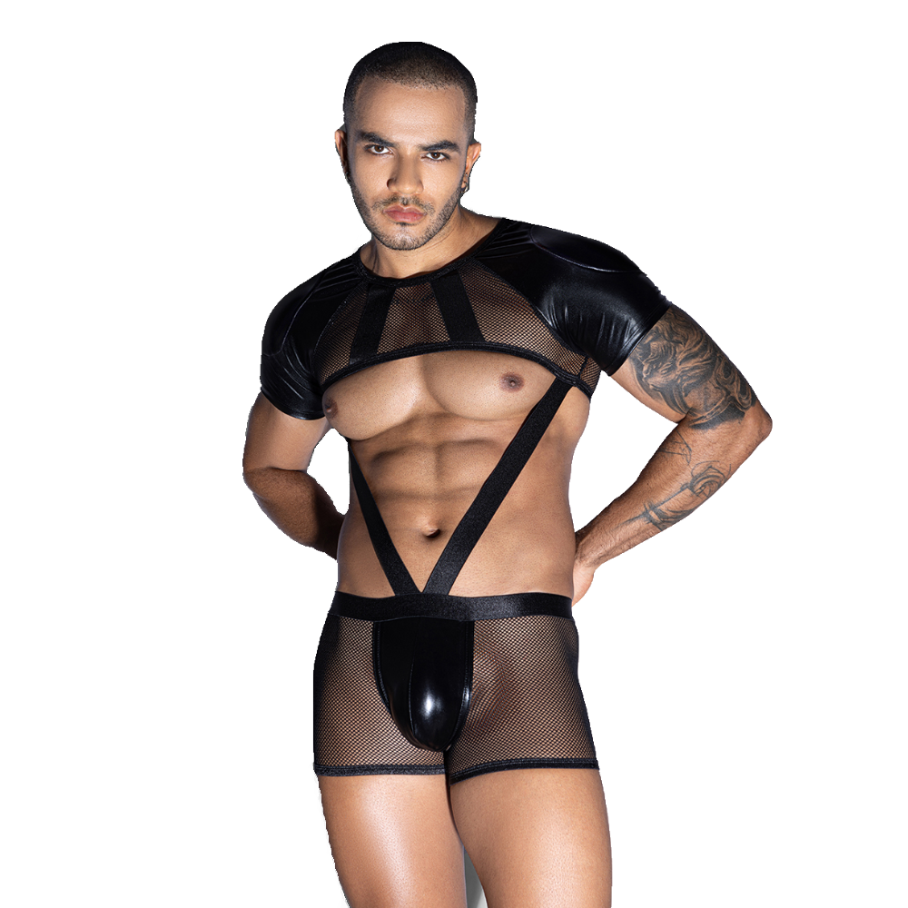 Gentsuit - 2 Pcs Semi Transparent Fishnet Underwear and Elastic Waist Cut In Designed Men Sleepwear