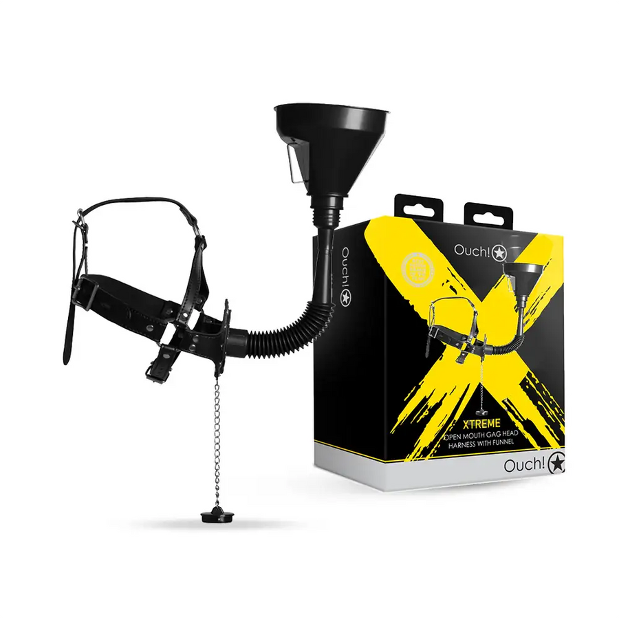 SHOTS Ouch! Open Mouth Gag Head Harness with Funnel Black adjustable head harness for secure adult restraint play Singapore