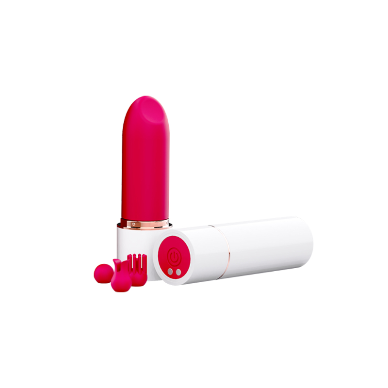 Lipstick-style bullet vibrator with a hot pink tip, white body and small pink silicone attachments
