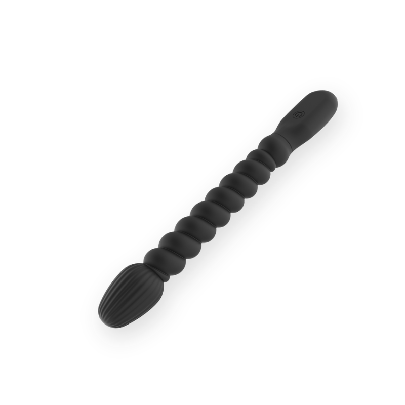 Black silicone vibrating wand with a spiral beaded body and tapered tip, angled on white