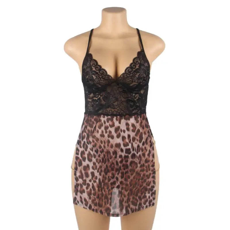 Babydoll - 2 Pcs Leopard Lace Side Slit Lingerie With Chains - Frisky Business Adult Sex Toys Shop
