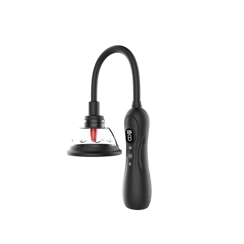 Black handheld electronic device with a glass chamber on a white background