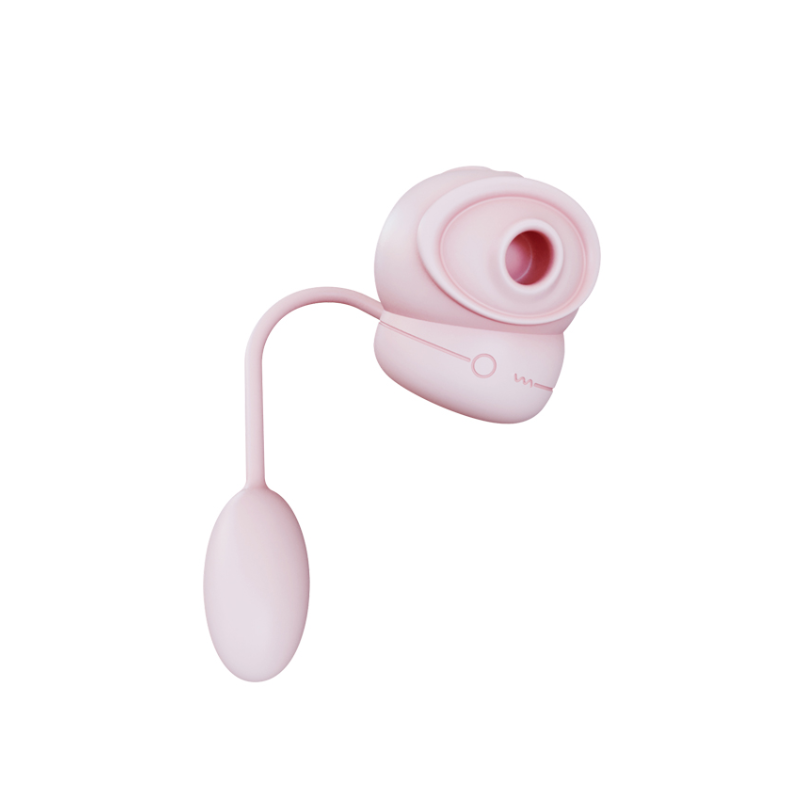 Pale pink suction stimulator with a soft opening, linked by a thin cord to a matching vibrating egg