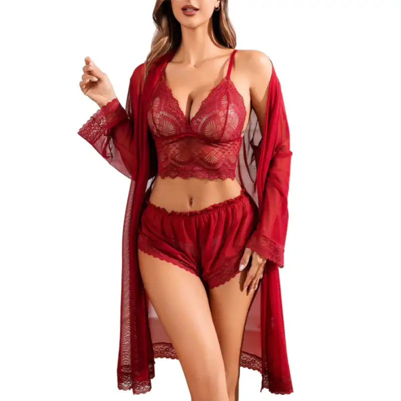 Cami Set - 3 Pcs Red Lace Deep V Sleepwear with Overcoat - Frisky Business Adult Sex Toys Shop