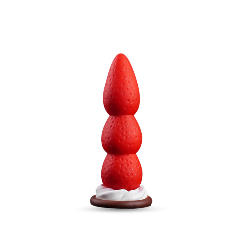 Red strawberry-textured graduated plug with three segments and a cream-and-chocolate flared base, white background
