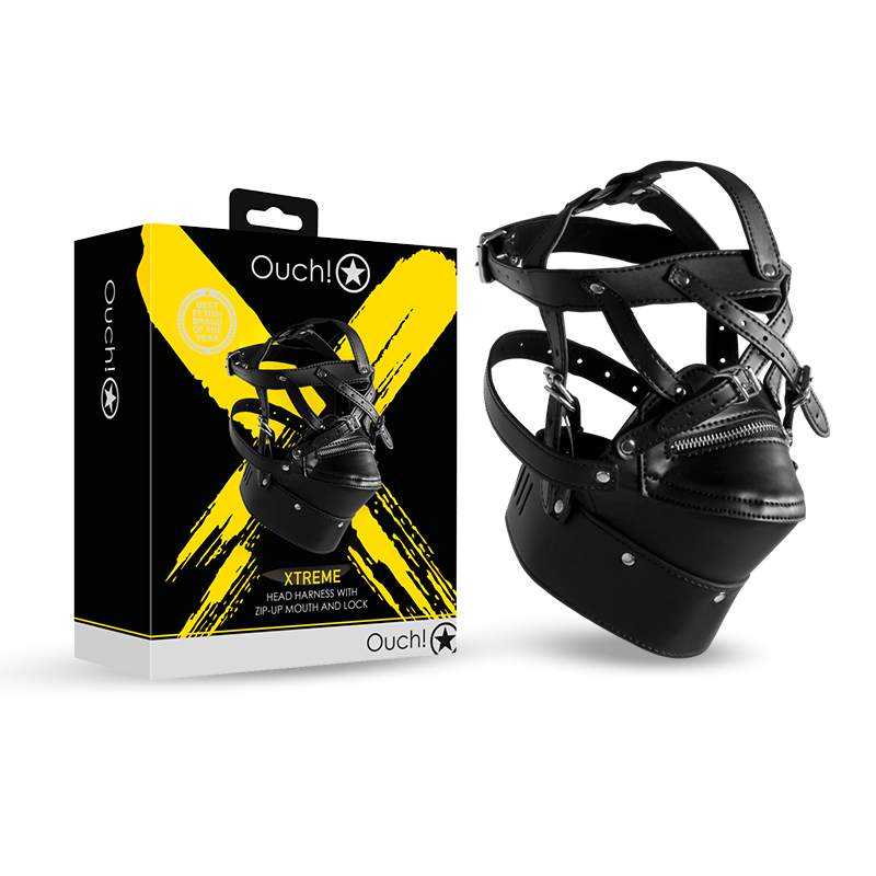 SHOTS Ouch! Head Harness with Zip-up Mouth and Lock - Black