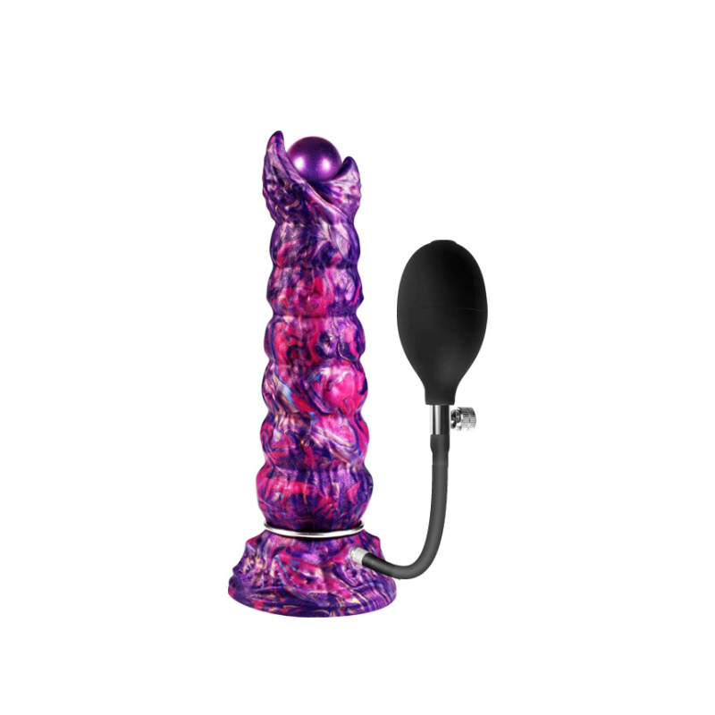 Purple marbled textured plug with pump-action bulb and egg-release mechanism on a stand base