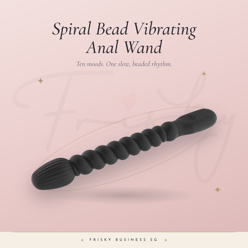 Spiral Bead Vibrating Wand title graphic with the black beaded wand on blush pink