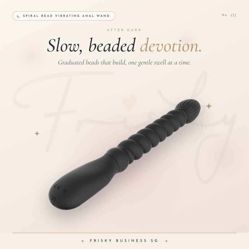 Slow, beaded devotion graphic with the black beaded wand angled on a cream background