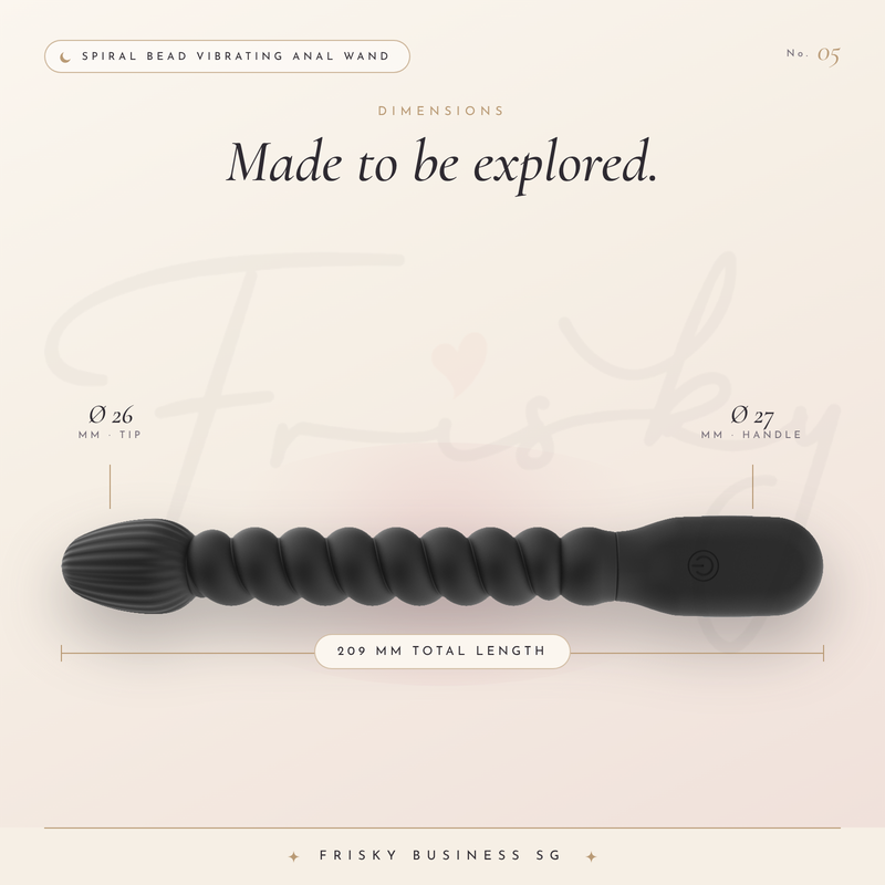Made to be explored graphic with the black beaded wand lying horizontally on cream
