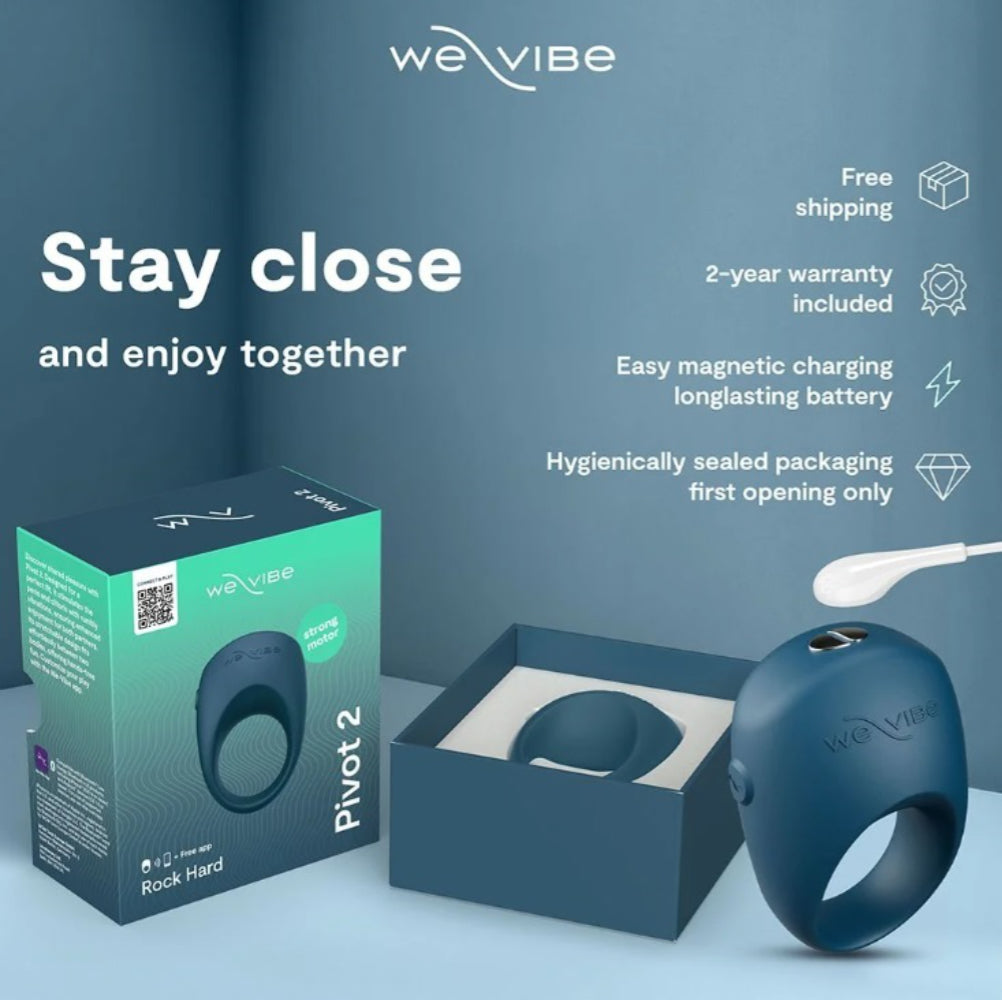 WeVibe Pivot 2 product with packaging and branding on a blue background