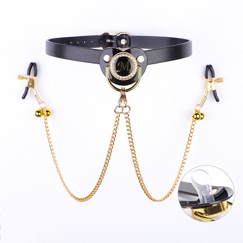 BDSM - Collar + Pacifier + Bell Nipple Clamps & Chains - FRISKY BUSINESS SG